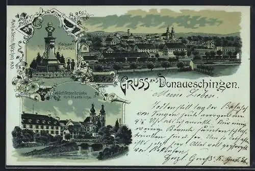 Mondschein-Lithographie Donaueschingen, Schützenbrücke mit Stadtkirche, Kaiser-Brunnen, Ortsansicht