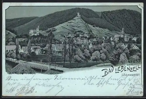 Mondschein-Lithographie Bad Liebenzell /Schwarzwald, Ortsansicht vor den Bergen