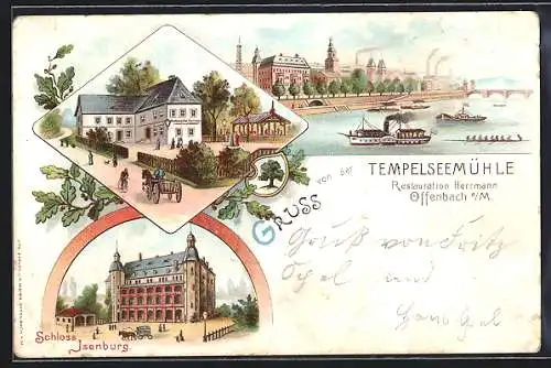 Lithographie Offenbach a. M., Gruss von der Tempelseemühle, Restauration Herrmann, Flusspartie, Schloss Isenburg