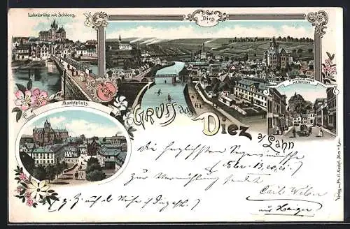 Lithographie Diez / Lahn, Lahnbrücke mit Schloss, Marktplatz, Wilhelmstrasse, Panorama