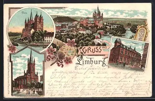 Lithographie Limburg a. L., Gesamtansicht, Dom, Evangelische Kirche, Postamt