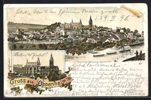 Lithographie Oppenheim, Panorama mit Dampferpartie