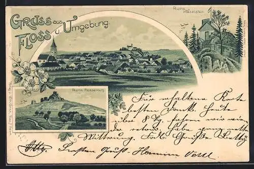 Lithographie Floss, Totalansicht mit Kirche, Ruine Haselstein und Ruine Flossenburg