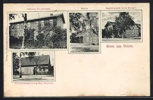 AK Osloss, Oekonom Jw. Lahmann, Colonialwarenhandlung Karl Keunecke und Gasthaus Julius Ehrhard