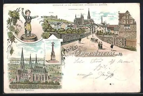 Lithographie Oppenheim / Rhein, Krieger-Denkmal, Katharinen-Kirche, Panorama von der Dienheimer Chaussee aus