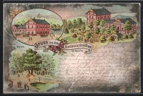 Lithographie Halle a. d. Saale, Gasthaus Haidenschlösschen v. Franz Weise