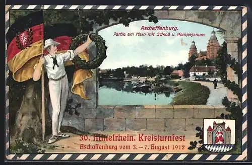 Passepartout-AK Aschaffenburg, 30. Mittelrhein. Kreisturnfest 1912, Partie am Main mit Schloss und Pompejanum