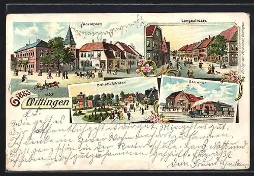 Lithographie Wittingen, Langestrasse, Bahnhofstrasse und Marktplatz