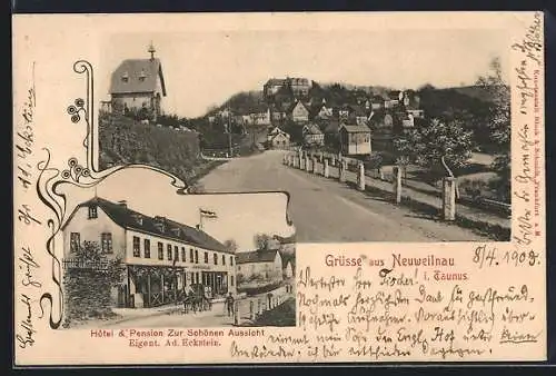 AK Neuweilnau i. Taunus, Hotel zur schönen Aussicht, Eigent Ad. Eckstein, Strassenansicht