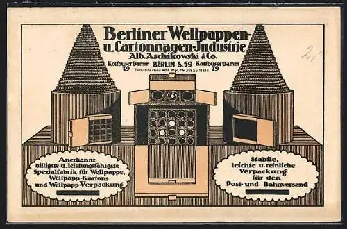 AK Berlin-Kreuzberg, Wellpappen-u. Cartonnagen-Industrie Alb. Aschikowski & Co., Geschäftskarte, Kottbusser Damm 79