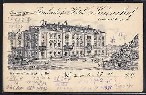 Lithographie Hof i. Bayern, Bahnhof-Hotel Kaiserhof, Bes. C. Delaporte