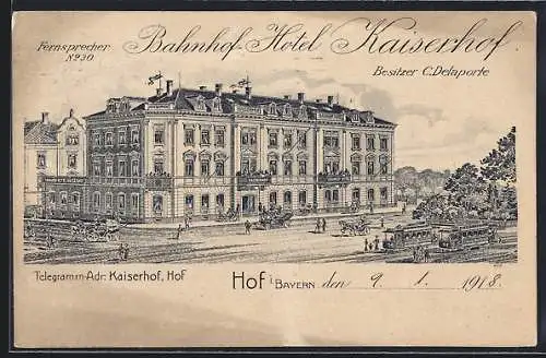 Lithographie Hof i. Bayern, Bahnhof-Hotel Kaiserhof, Bes. C. Delaporte