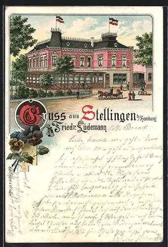 Lithographie Hamburg-Stellingen, Gasthaus Lüdemann, Pferdekutsche