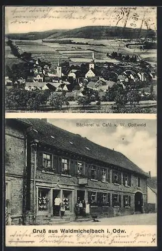 AK Waldmichelbach / Odenwald, Cafe und Bäckerei Gottwald, Ortsansicht