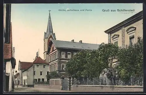 AK Schifferstadt, Kirche, Schulhaus und Partie