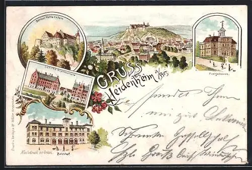 Lithographie Heidenheim a. Brz., Schloss Hellenstein, Bezirks-Krankenhaus, Bahnhof