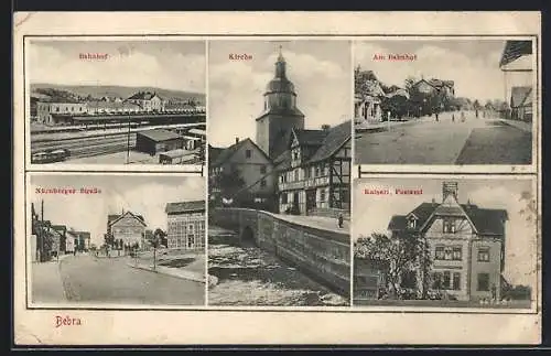 AK Bebra, Blick auf den Bahnhof, Ansicht der Kirche, Nürnberger Strasse