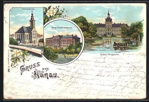 Lithographie Hanau, Johanneskirche, Königl. Zeichen-Akademie, Schloss-Philippsruh