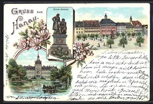 Lithographie Hanau, Marktplatz, Grimmdenkmal, Seepartie