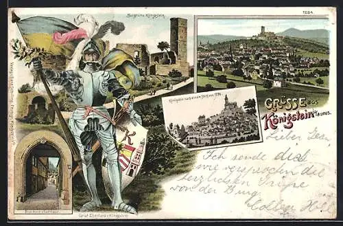 Lithographie Königstein i. Taunus, Ortsansicht, Burgruine Königstein, Graf Eberhard v. Königstein als Ritter, Wappen