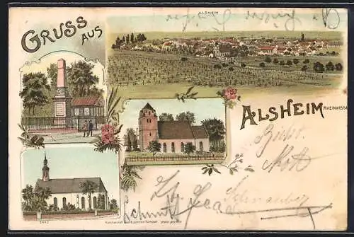 Lithographie Alsheim / Rheinhessen, Kirche, Panorama, Kriegerdenkmal