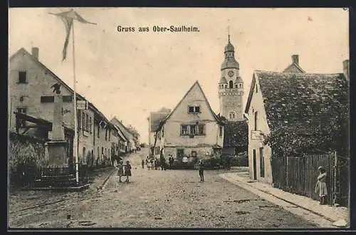 AK Ober-Saulheim, Gasthof zum Adler mit der Kirche