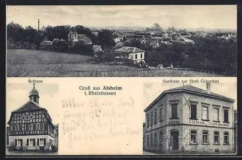 AK Alsheim, Gasthaus zur Stadt Columbus, Rathaus, Ortsansicht