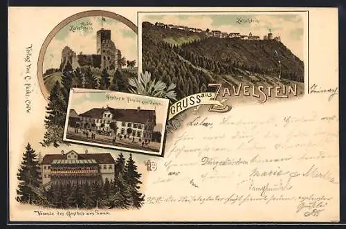 Lithographie Zavelstein, Gasthof zum Lamm mit Veranda, Ruine, Totalansicht