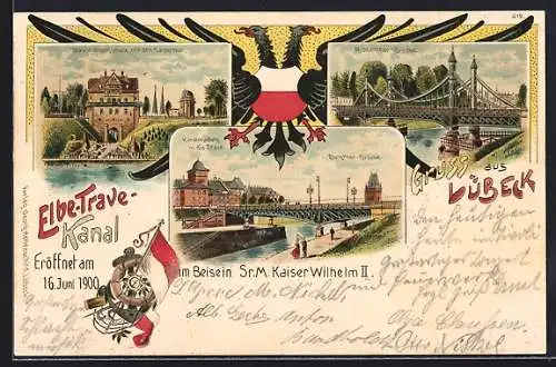 Lithographie Lübeck, Navigationsschule mit dem Kaisertor, Kanalmündung in der Trave mit Burgtor Brücke, Wappen