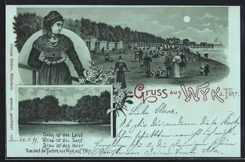 Mondschein-Lithographie Wyk a. Föhr, Königsgarten, Partie am Strand, Dame in Tracht