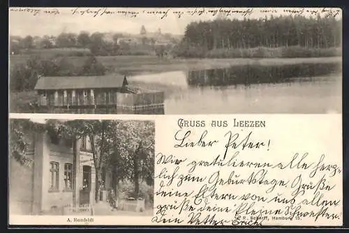 AK Leezen / Holst., Gasthaus von A. Homfeldt, Ortsansicht aus der Ferne mit Uferpartie