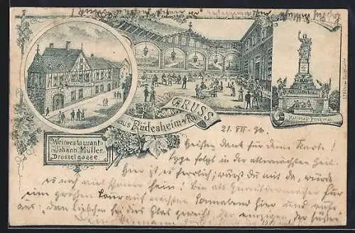 Lithographie Rüdesheim a. Rh., Wein-Restaurant von Johann Müller in der Drosselgasse und National-Denkmal