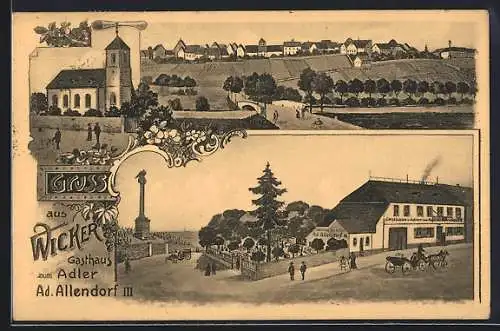 Lithographie Wicker, Gasthaus zum Adler von Ad. Allendorf III, Kirche und Totalansicht