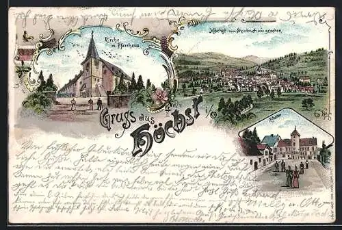 Lithographie Höchst i. O., Kloster, Kirche mit Pfarrhaus und Blick vom Steinbruch aus