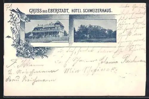 AK Eberstadt / Bergstr., Hotel Schweizerhaus im Passepartout mit Spatz