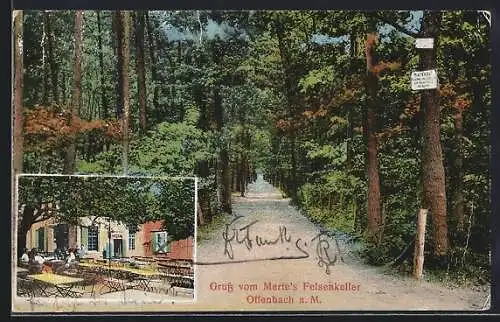 AK Offenbach a. M., Gasthaus Merte`s Felsenkeller mit Besuchern, Waldstrasse