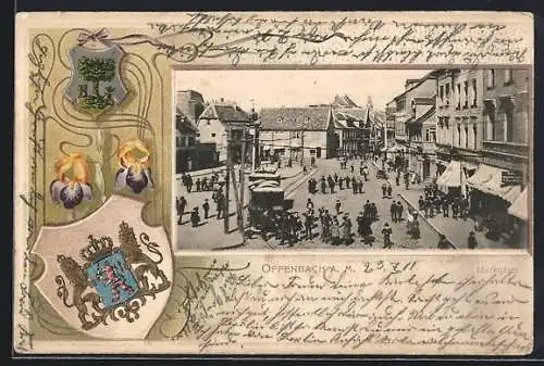 Passepartout-Lithographie Offenbach a. M., Marktplatz mit Geschäften, Wappen und Schwertlilie