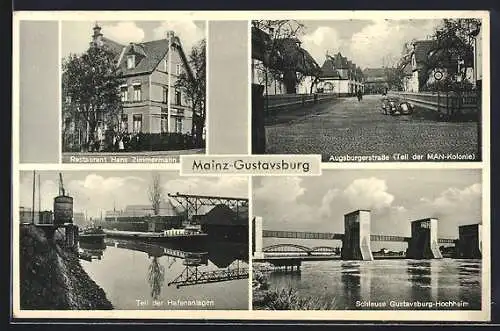 AK Mainz-Gustavsburg, Restaurant Hans Zimmermann, Augsburgerstrasse, Hafenanlagen und Schleuse Gustavsburg-Hochheim