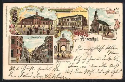 Lithographie Frankenthal / Pfalz, Bahnhofstrasse, Kath. Kirche und Karolinen-Institut