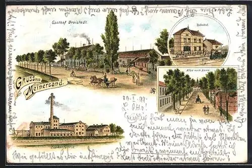 Lithographie Meine-Meinersand, Bahnhof, Gasthof Broistedt, Zuckerfabrik, Pferdekutsche