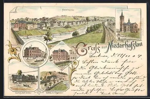 Lithographie Niederhasslau, Gasthof Stadt Zwickau, Gasthof zum Bogenstein und Gemeindeamt