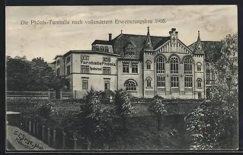 AK Pössneck, Die Phönix-Turnhalle nach vollendetem Erweiterungsbau 1905