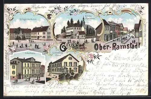 Lithographie Ober-Ramstadt / Hessen, Kriegerdenkmal, Schulhaus und Lichtenberg Haus