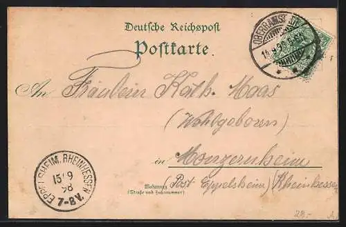 Lithographie Ober-Ramstadt / Hessen, Kriegerdenkmal, Schulhaus und Lichtenberg Haus