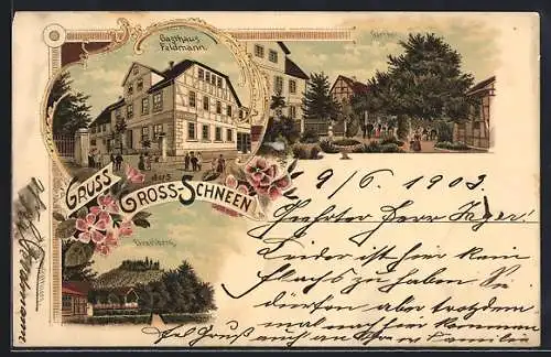 Lithographie Gross-Schneen, Gasthaus Feldmann, Einzelberg und Garten