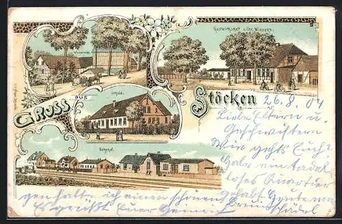 Lithographie Stöcken / Wittingen, Schule, Bahnhof und Gasthaus v. Chr. Wieneke