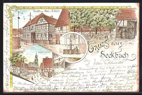 Lithographie Frankfurt-Seckbach, Gasthaus zum Rad, Bergerstrasse, Brunnen