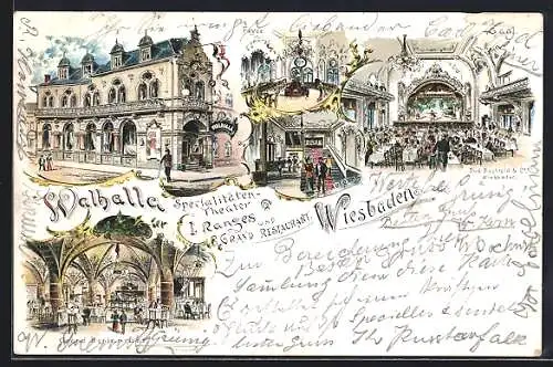 Lithographie Wiesbaden, Gasthaus Walhalla, Foyer und Grand Restaurant