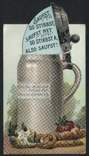 Mechanische-AK Spruch Saufst, so stirbst, saufst net, so stirbst a im Bierkrug neben Brezel und Gemüse