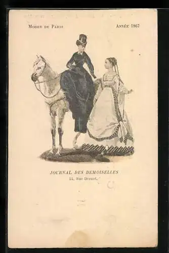 AK Paris, Elegante Reiterin mit Zylinder im Kleid, Modes de Paris, Journal des Demoiselles, 14, Rue Drouot, Année 1867,